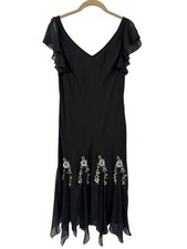 Vintage Y2K Midi Dress M Black Tan Embellished Flowy Whimsigoth Fairy Grunge