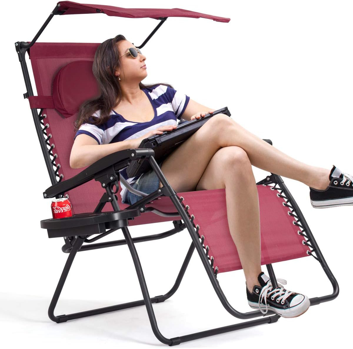 Zero Gravity Lounge Chair with Canopy, Pillow & Cupholder - Wine Color