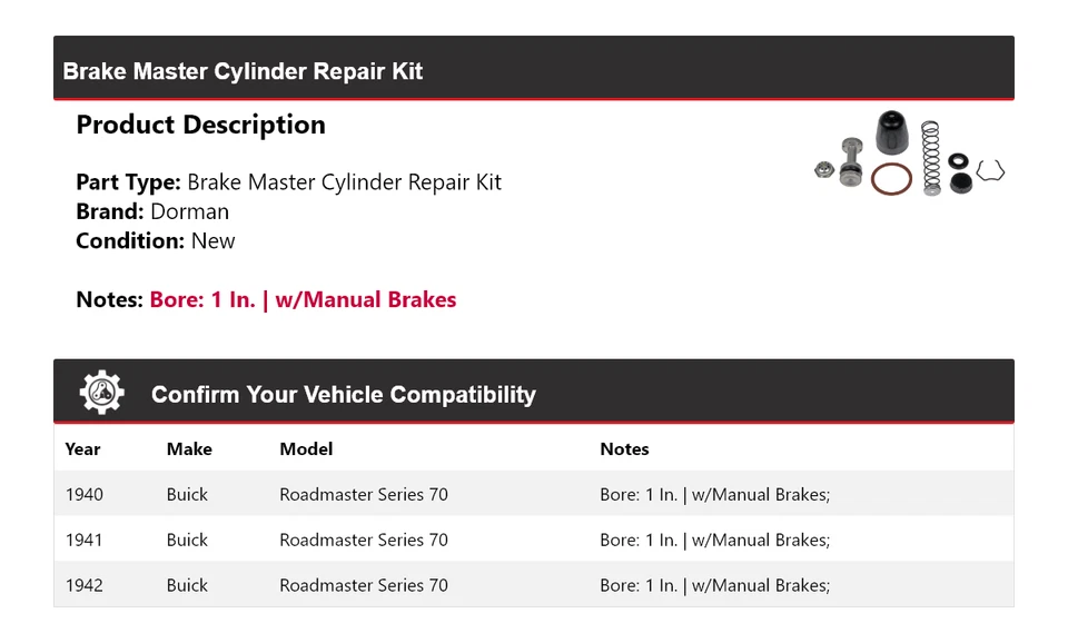 Kit de reparación de cilindro maestro de freno Dorman serie 70 Buick Roadmaster 1940-1942 Foto 2 de 4