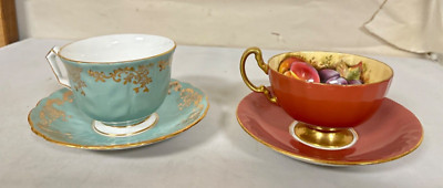 Aynsley Bone China: Pink Fruit Orchard Gold Tea Cup & Blue / Gold