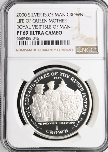 2000 ISLE OF MAN SILVER 1 CROWN LIFE OF QUEEN MOTHER ROYAL VISIT- NGC PF69 UC