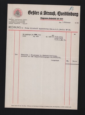 Quedlinburg, invoice 1939, Gessler & Strauss Diagram Institute
