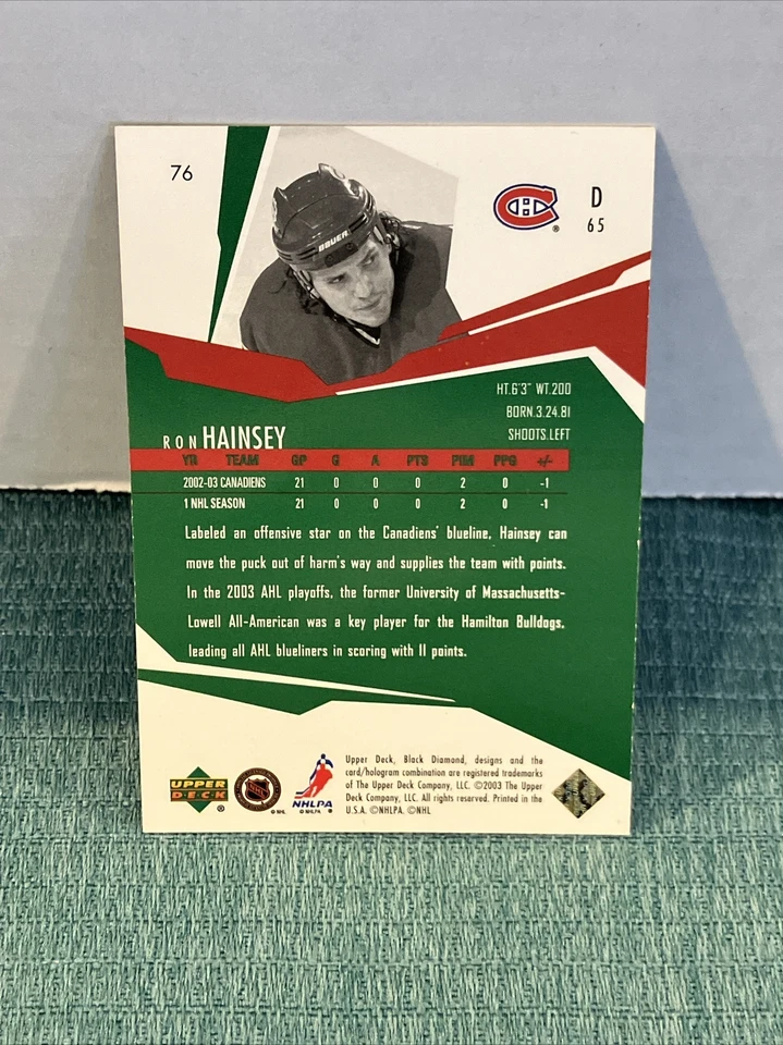 2003-04 Upper Deck Black Diamond Green 028/100 Ron Hainsey #76 - Image 3 of 3