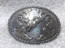 Nocona Silver Bull Rider Small Belt Buckle Rope Edge Flower Filigree Vintage 1