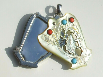 Pendentif Miroir Ancien 1900 Art Nouveau - Nacre & Métal Chromé - Argenté - Occasion