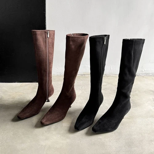 Womens Suede Square Toe Kitten Heel Stretched Knee Length Boots Chic Shoes - Bild 10 von 17