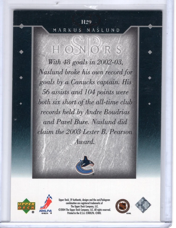 2003-04 SP Authentic SP Honors #H29 Markus Naslund 273/900 - Image 2 of 2