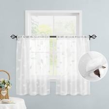 Embroidered Leaf White Sheer Kitchen Curtains 30x24 Inch - 2 Panels