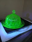 Vintage Uranium / Green Depression Glass Butter Dish -Knife & Fork