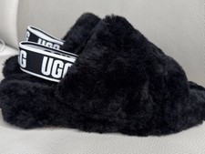 UGG Fluff Yeah Black Faux Fur Logo Strap Open...