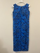 Vintage Hawaiian Tiki Maxi Dress Hawaii USA Ui-Maikai Blue Black Gold Tropical