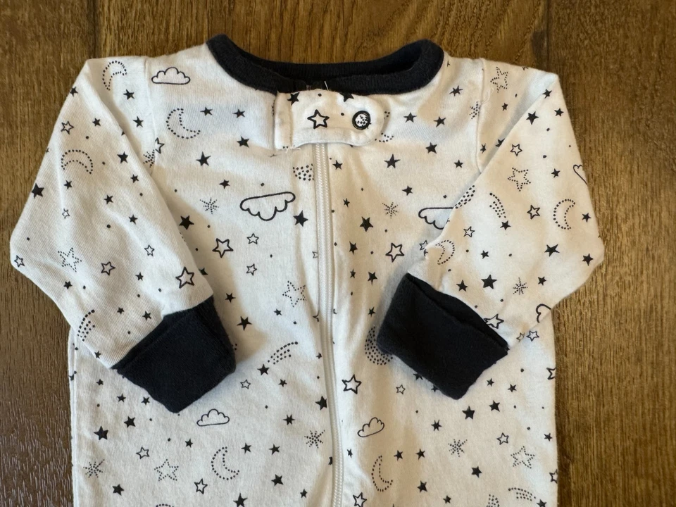 Preemie Baby Boy Girl Unisex Sleeper Moon Stars Black White Zipper Outfit Romper - Image 2 of 4