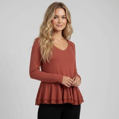 Free Peope Womens  Peplum Knit Top Size Medium Lace Trim Ribbed V-neck