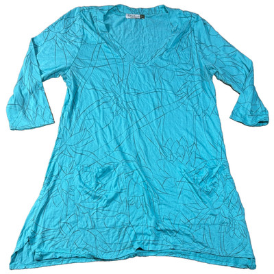 Chalet Et Ceci Tunic Blue V-Neck Lotus Flower AOP Summer Spring Pocket Dress SM