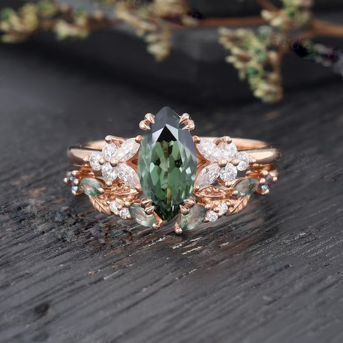 2.45 Ct Green Marquise Diamond Engagement Wedding Ring Set 14k Rose Gold Finish - Picture 2 of 7