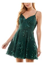 CITY STUDIO Womens Sequined Spaghetti Strap V Neck Short Party Fit + Flare Dress