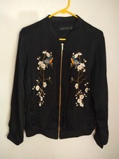 Zara Embroidered Bomber Jacket - Small - Black Satin Bird Floral Blossom Zip