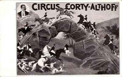 Postcard circus Corty-Althoff, people on horseback, bow made of stones - 11158536