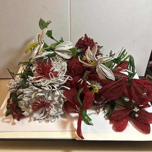 Vintage French Glass Seed Beaded Flowers Leaves Lot 36 Handmade Stems Christmas