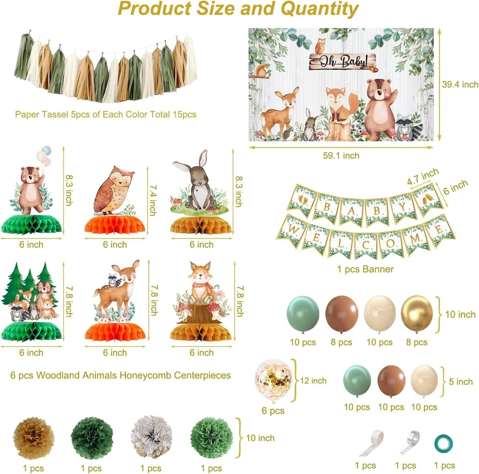 NOVO Kit de Decorações de Festa Chá de Bebê Gênero Neutro Animais da Floresta - Imagem 2 de 4