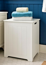 White Wooden Laundry Bin, Bathroom Storage Cabinet - tongue and groove style