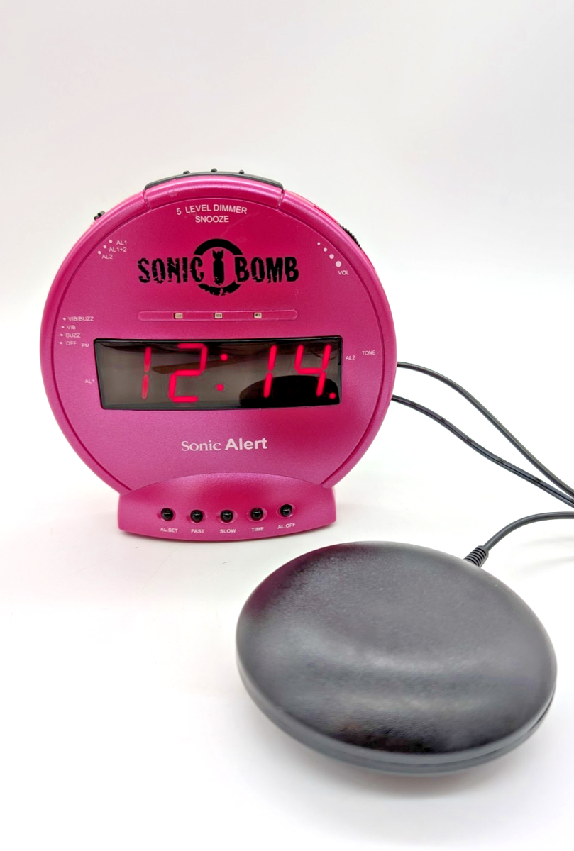 Pink Sonic Bomb EXTRA LOUD Dual Alarm Clock Bed Shaker TESTED