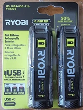 RYOBI FVB203 USB Lithium 3 Ah Rechargeable Batteries 2 Pack USB-C Battery OEM
