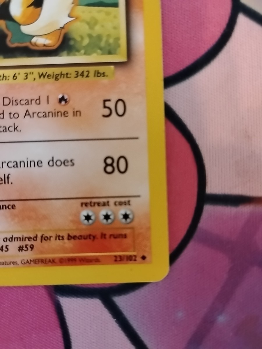 arcanine pokemon card 23/102 - - - Uncommon [1RR] Flamethrower (50) Discard 1 Fire Energy card to use this attack * Arcanine 23/102 Base Set