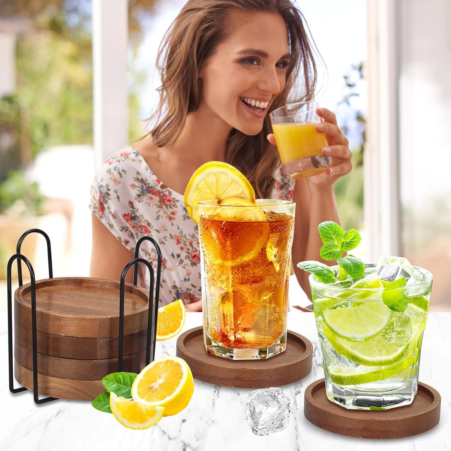 6 Pcs Best Wooden Coasters with Holder Coffee Table Decor Acacia Wood 