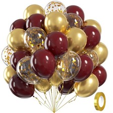 60pcs Burgundy and Gold Balloons 12inch, Maroon and Gold Balloons with Metall...