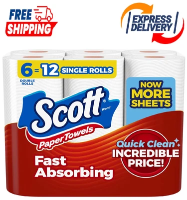 Scott Paper Towels, Choose-A-Sheet, 6 Double Rolls = 12 Regular Rolls (108 Sheet