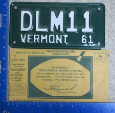 Vermont LIcense Plate 1961 61 Dealer Motorcycle MC Tag VT DLM 11 Rare Type MINT
