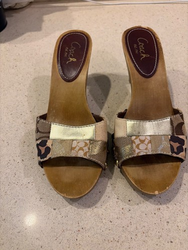 Coach Allissa patchwork Slides wooden Brown Gold  6.5 M