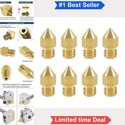 3D Printer Nozzles MK8 0.2mm Brass 8 Pack 1.75mm Filament M6 Thread Ender 3