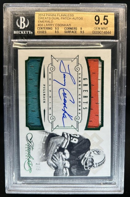 2014 Panini Flawless Larry Csonka Greats Dual Patch Auto Emerald #/5 BGS 9.5