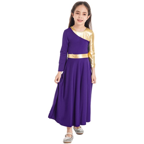 Girls Metallic Gold Praise Dance Dress Liturgical Worship Dancewear Full Length - Picture 19 of 50