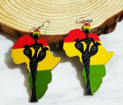 Trendy Geometric African Map Double Sided Wooden Dangle Earrings