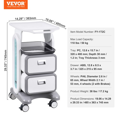 VEVOR 3 Tiers Lab Carts Mobile Medical Cart with 2 Drawers & 1 Top Tray White - Picture 7 of 12
