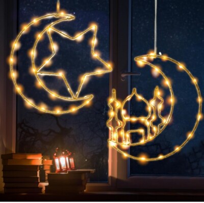 Ramadan Decorations Moon Star Window Lights 2 Pack Eid Mubarak Decor With Remote