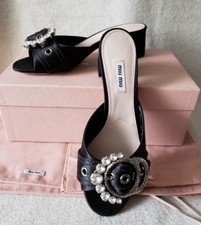 NIB Miu Miu Prada 39 Jewel Buckle Slide Sandals Satin Crystal Black Low Heel