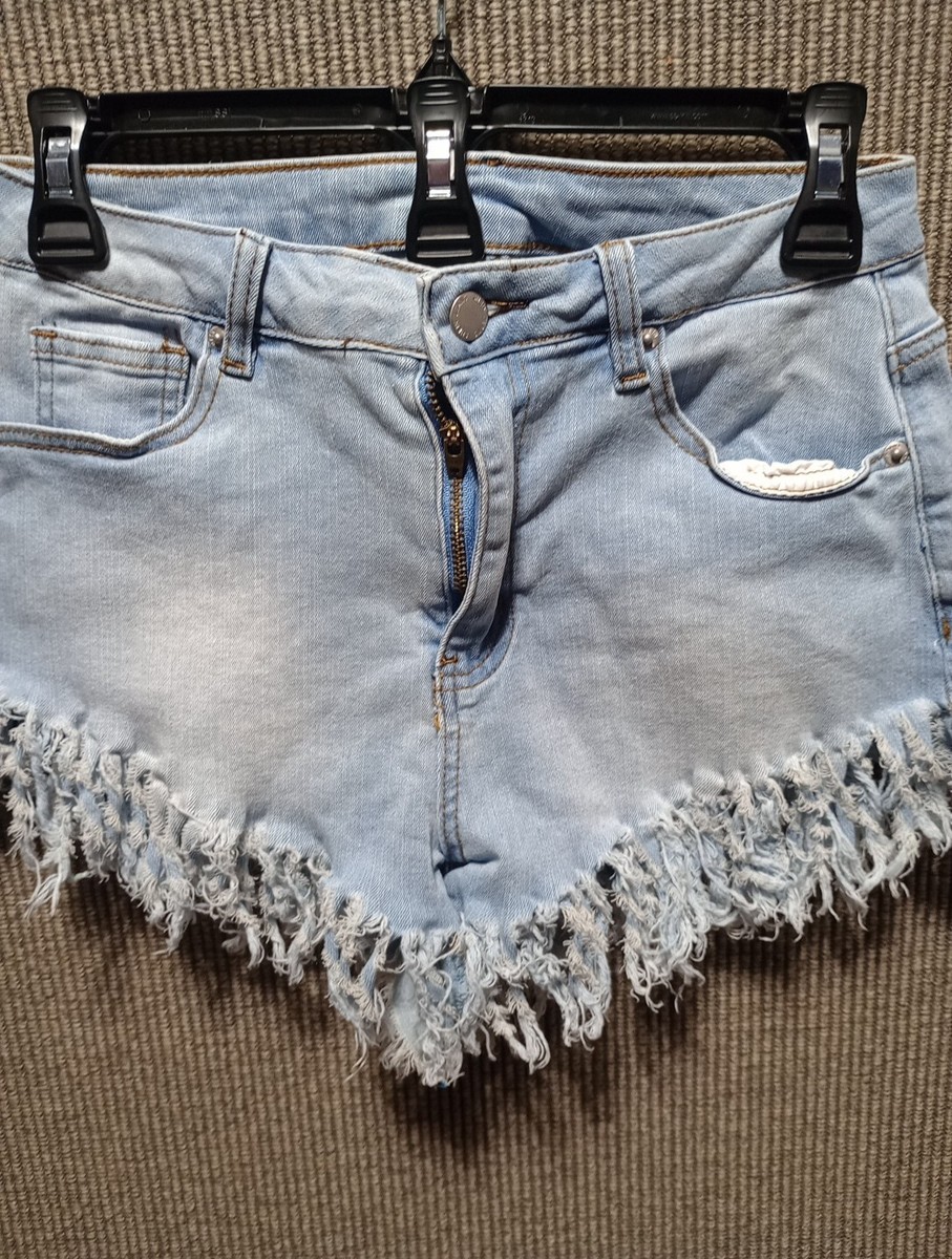 Shein Women's SXY Fringe Trim Slant Pocket Denim Shorts M Us