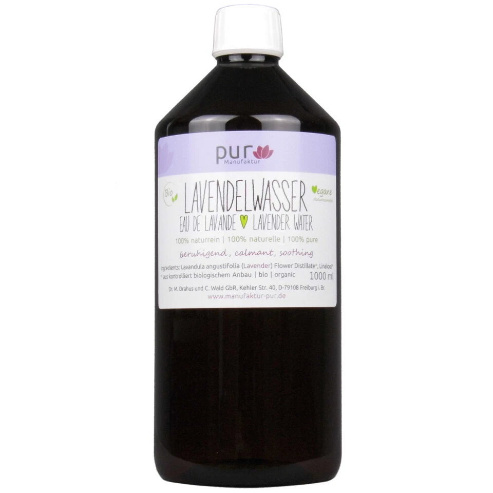 PUR MANUFAKTUR 1000 ml Lavendelwasser bio 100% naturreines Lavendel-Hydrolat in PET-Flasche