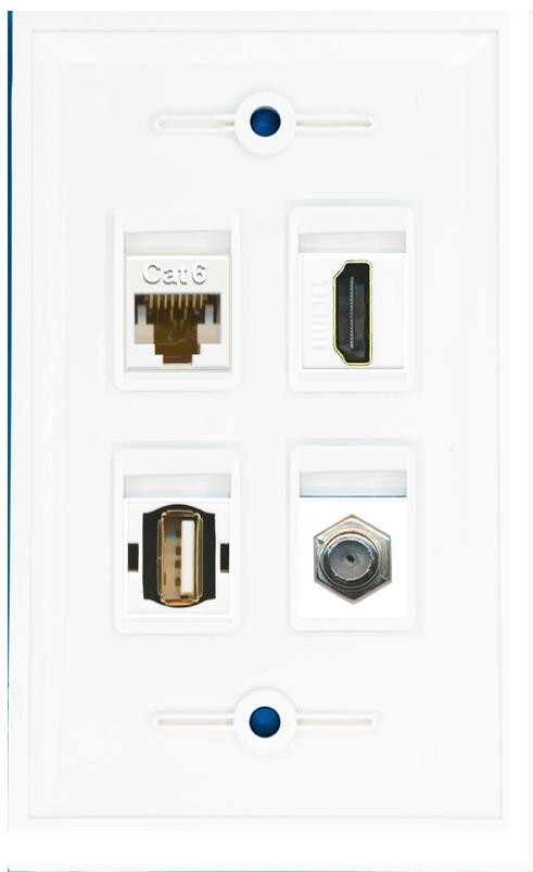 HD Coax Cable TV CAT6 Ethernet RJ45 USB A-A Custom Coupler Wall Plate White FF