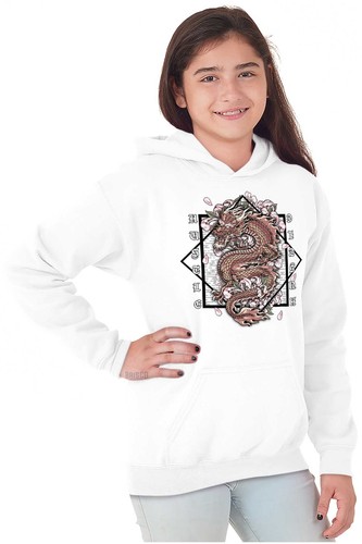 Floral Chinese Dragon Hustle Cherry Blossoms Youth Hooded Sweatshirt Boy or Girl - Picture 5 of 7
