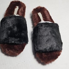 Lori Goldstein Li-Dillian Black Brown Faux Fur Slide Slippers Womens 5.5M NEW