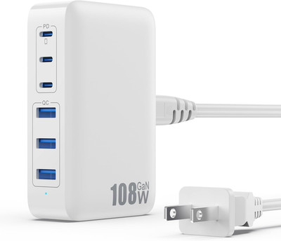 USB C Charger Block Charging Station,108W Gan III 6 Port 3Xqc+3Xpd Wall Charger 