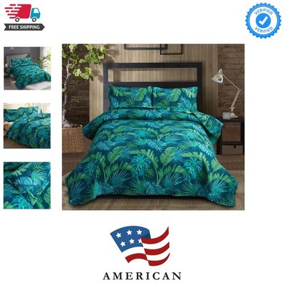 Tropical Green Palm Tree Leaf Print Bedspread Set - King Size Reversible Ligh...