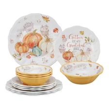UPware 12 Piece Pumpkin Season Melamine Dinnerware Sets, Outdoor Dishes Set, ...