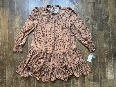 Nine West Long Sleeve Swing Dress NWT Size Medium Brown Black Tiger Stripe  Print | eBay