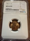 1951 S Lincoln Cent NGC MS66RD